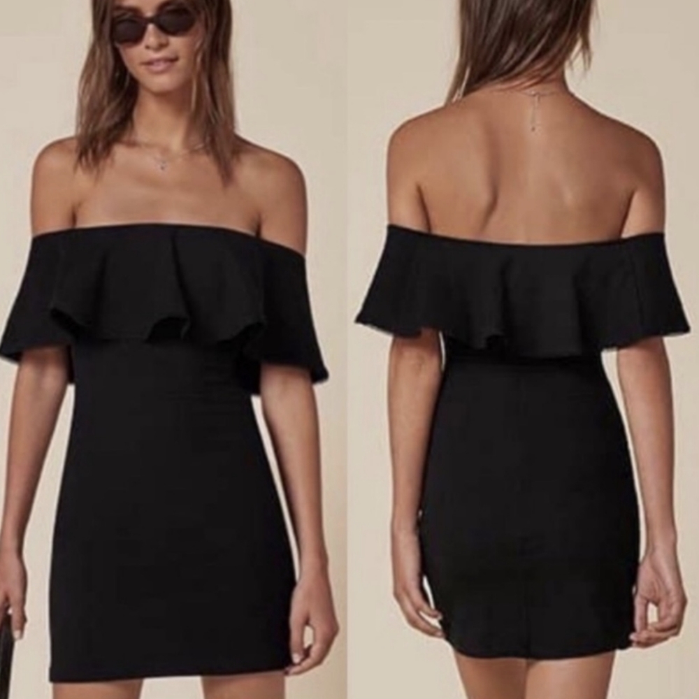 Reformation Black Banana Off the Shoulder Dress Knit Mini Ribbed, Sz L